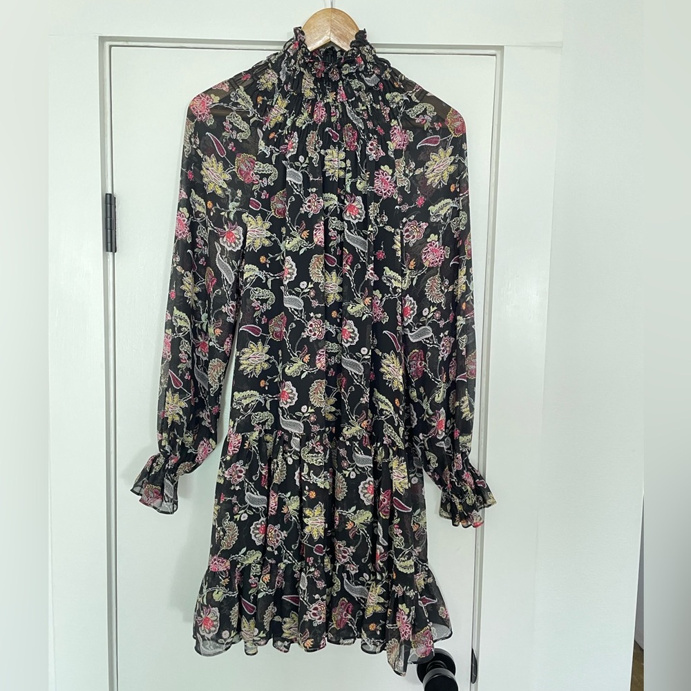 CINQ A SEPT | Black Floral Ruffle Smocked Dress, Size 4, - Picture 10 of 15